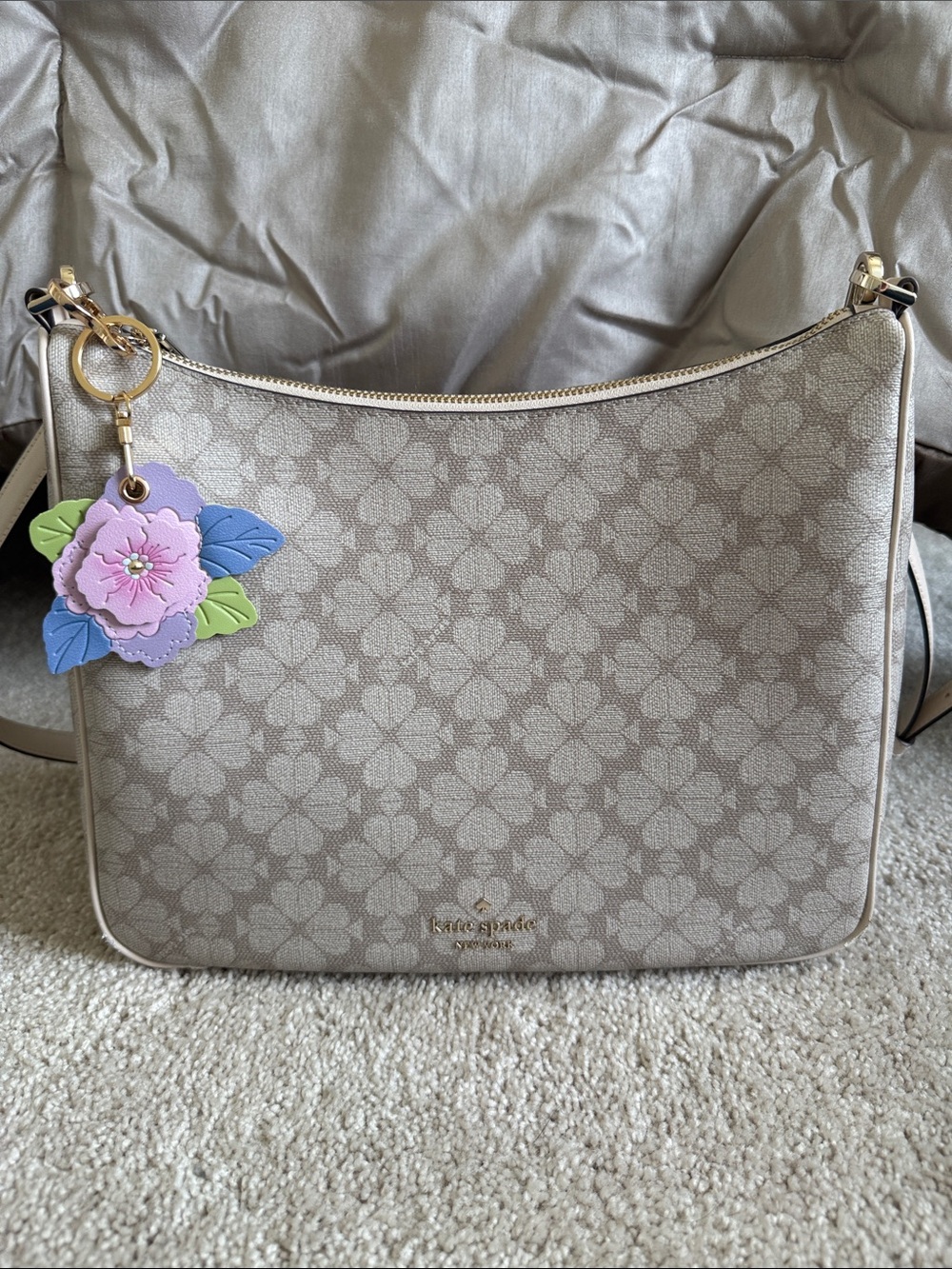 Kate Spade Beige Floral-Print Crossbody Hobo Bag